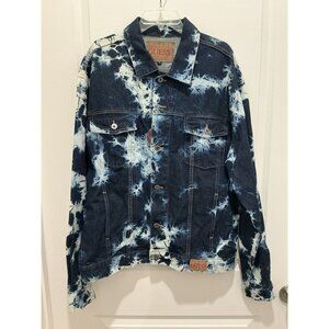 Guess Vintage Tye Dyed Jean Jacket Size XL Dark Blue White Pockets Button Up